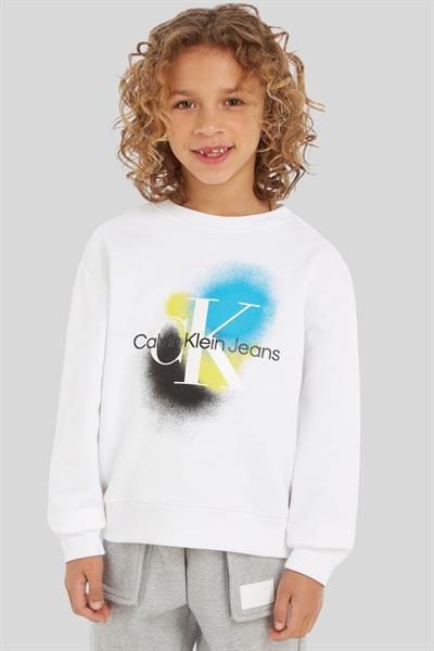 Calvin Klein Erkek Çocuk Yerleştirilmiş Sprat Baskılı Yuvarlak Yaka Sweatshirt Beyaz