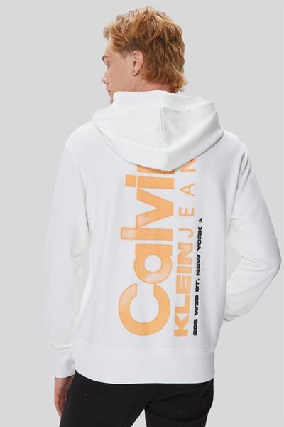 Calvin Klein Erkek Kalın Renkli Kurumsal Baskılı Kapüşonlu Sweatshirt Beyaz