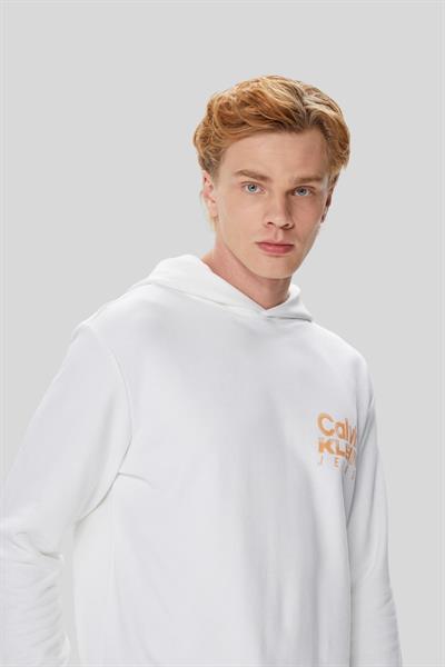 Calvin Klein Erkek Kalın Renkli Kurumsal Baskılı Kapüşonlu Sweatshirt Beyaz