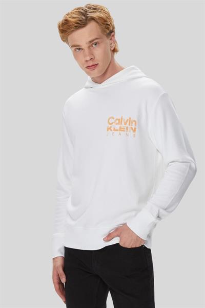Calvin Klein Erkek Kalın Renkli Kurumsal Baskılı Kapüşonlu Sweatshirt Beyaz
