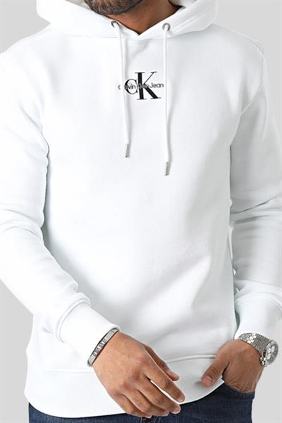 Calvin Klein Erkek Pamuklu Kapüşonlu Cepli Monologo Sweatshirt Beyaz