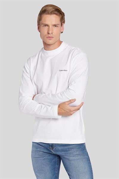 Calvin Klein Erkek Slim Fit Mikro Logolu Uzun Kol Pamuklu Sweatshirt Beyaz