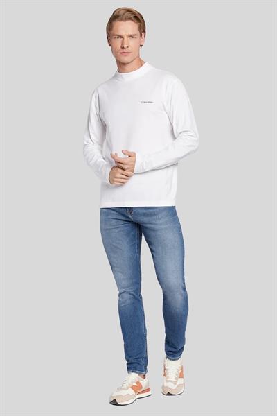 Calvin Klein Erkek Slim Fit Mikro Logolu Uzun Kol Pamuklu Sweatshirt Beyaz
