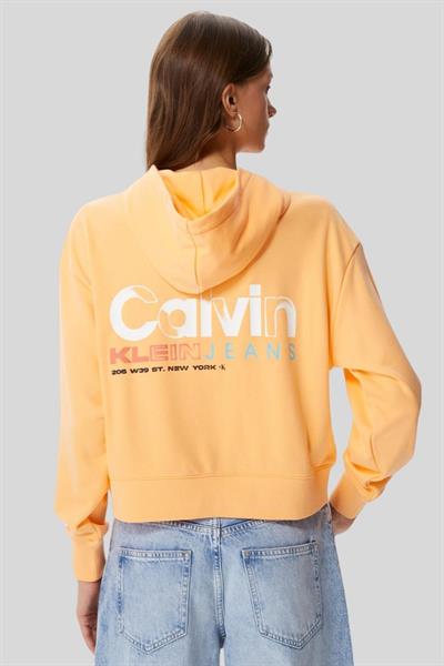 Calvin Klein Kadın Baskılı Kapüşonlu Sweatshirt Turuncu
