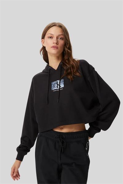Calvin Klein Kadın Kapşonlu Crop  Sweatshirt Siyah
