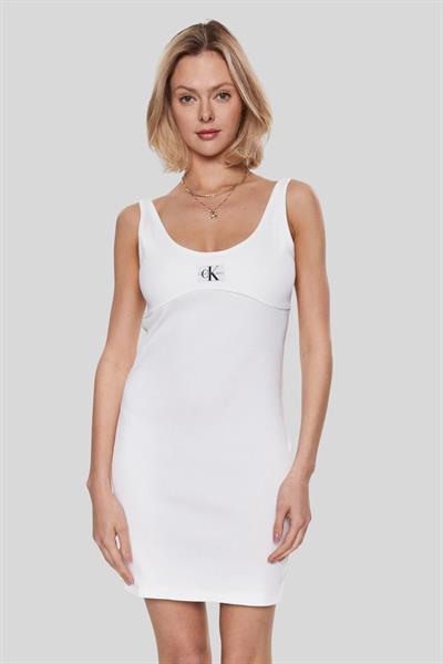 Calvin Klein Kadın Slim Fit Logolu Askılı Dar Mini Elbise Beyaz