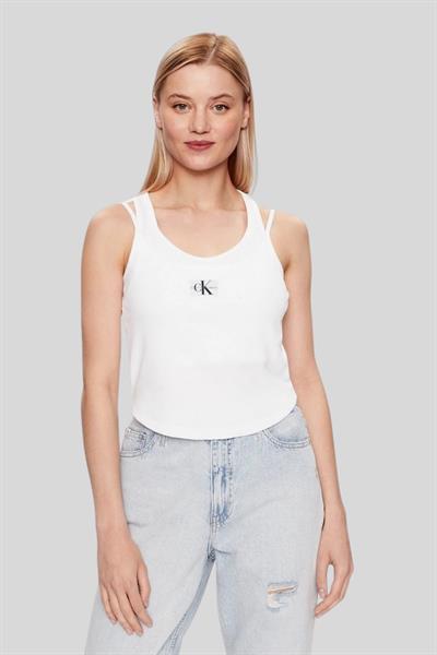 Calvin Klein Kadın Slim Fit Logolu Yuvarlak Yaka T-Shirt Beyaz