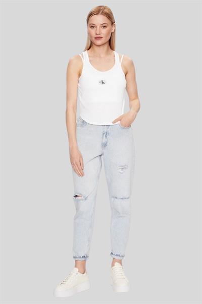 Calvin Klein Kadın Slim Fit Logolu Yuvarlak Yaka T-Shirt Beyaz