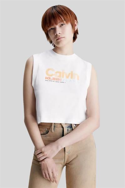 Calvin Klein Kadın Slim Fit Logolu Yuvarlak Yaka Kolsuz T-Shirt Beyaz