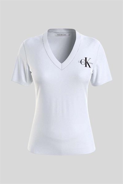 Calvin Klein Kadın Slim Fit Monologo V Yaka Kısa Kollu T-Shirt Beyaz