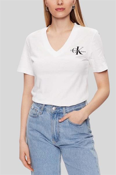 Calvin Klein Kadın Slim Fit Monologo V Yaka Kısa Kollu T-Shirt Beyaz