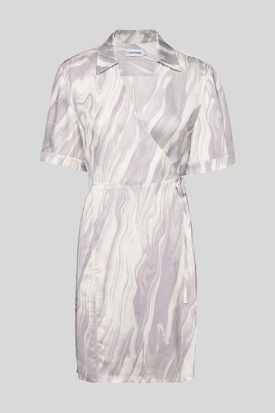 Calvin Klein Kadın V Yaka Kısa Kollu Grafik Baskılı Parlak Sarmal Elbise Mor