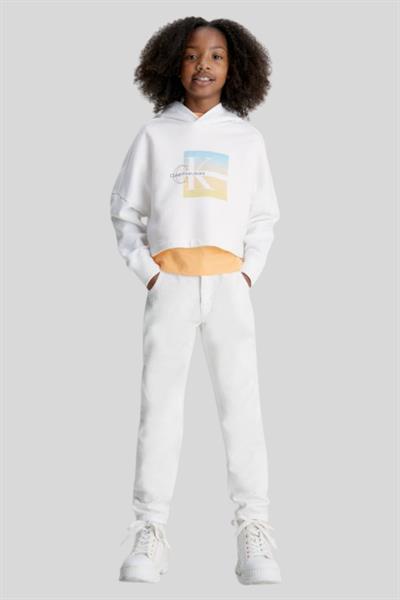Calvin Klein Kız Çocuk Grafik Logo Kapüşonlu Sweatshirt Beyaz