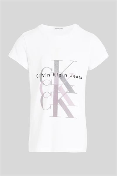 Calvin Klein Kız Çocuk Slim Fit Monogram Tekrarlı T-Shirt Beyaz