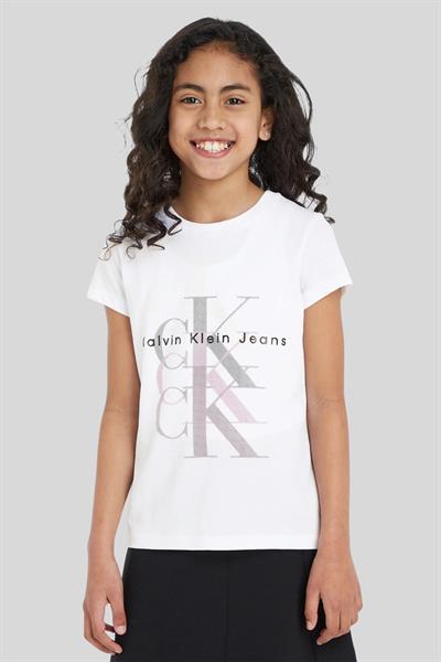 Calvin Klein Kız Çocuk Slim Fit Monogram Tekrarlı T-Shirt Beyaz