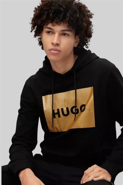 Hugo Erkek Duratschi Logo Baskılı Kapüşonlu Sweatshirt Siyah
