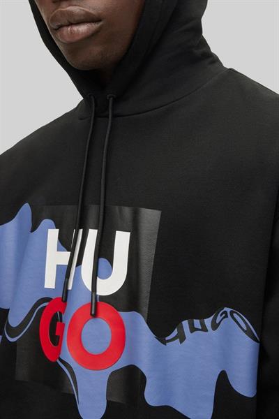 Hugo Erkek Relaxed Fit Baskılı Kapüşonlu Sweatshirt Siyah