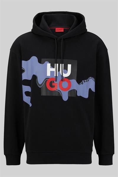 Hugo Erkek Relaxed Fit Baskılı Kapüşonlu Sweatshirt Siyah