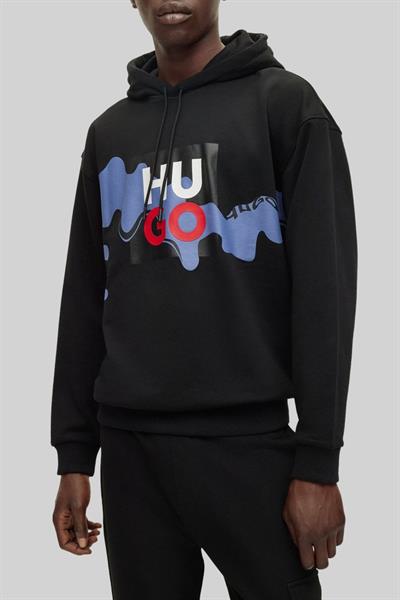 Hugo Erkek Relaxed Fit Baskılı Kapüşonlu Sweatshirt Siyah