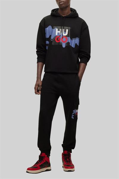 Hugo Erkek Relaxed Fit Baskılı Kapüşonlu Sweatshirt Siyah