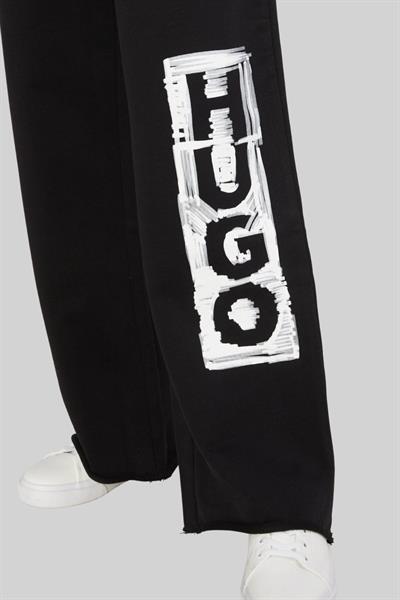 Hugo Kadın Nasuede Logo Baskılı Geniş Paça Spor Pantolon Siyah