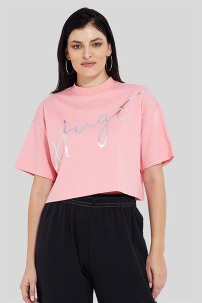 Hugo Logo Baskılı Yuvarlak Yaka Kadın Kısa T-Shirt Turuncu