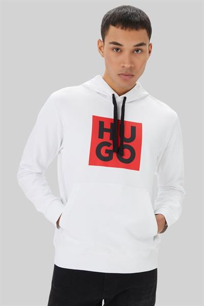 Hugo Logo Detaylı Kapüşonlu Erkek Sweatshirt Beyaz 100
