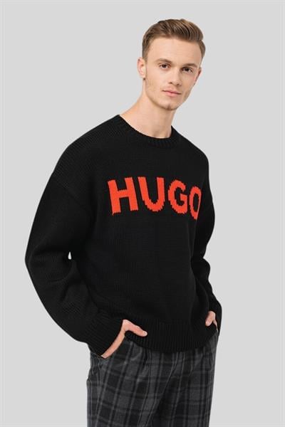 Hugo Regular Fit Logo Baskılı Erkek Kazak Siyah