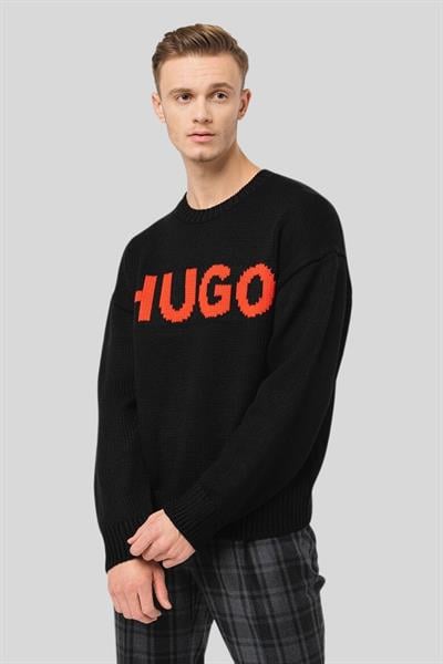 Hugo Regular Fit Logo Baskılı Erkek Kazak Siyah