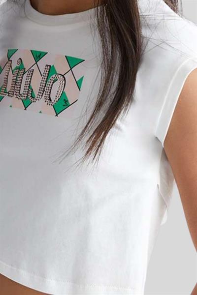 Liu Jo Kız Çocuk Logolu ve Taşlı Geometrik Desenli T-Shirt Beyaz