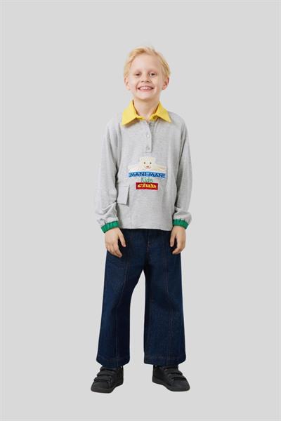 Mani Mani Erkek Çocuk Nakış Detaylı Gömlek Yaka Sweatshirt Gri