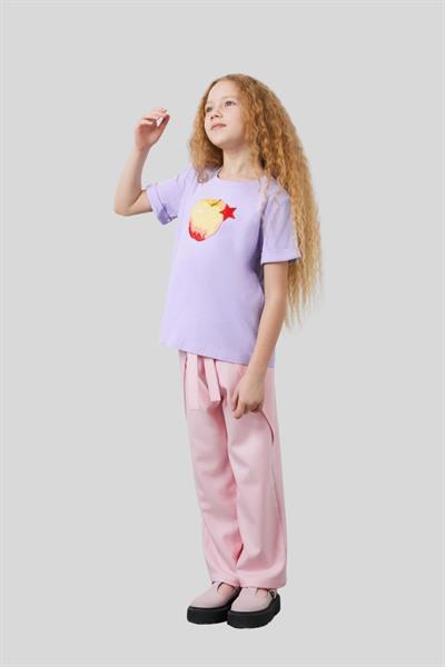 Mani Mani Kız Çocuk Aplike Detaylı Yuvarlak Yaka T-Shirt Mor