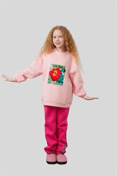 Mani Mani Kız Çocuk Nakış Detaylı Oversize Sweatshirt Pembe