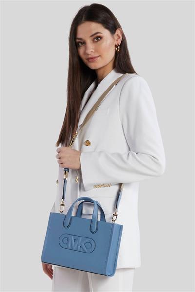 Michael Kors Kadın Kabartmalı Logolu Gigi Küçük Tote Deri Çapraz Askılı Omuz Çantası Mavi