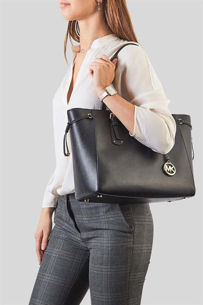 Michael Kors Kadın Üst Fermuarlı Deri Tote El Çantası Siyah