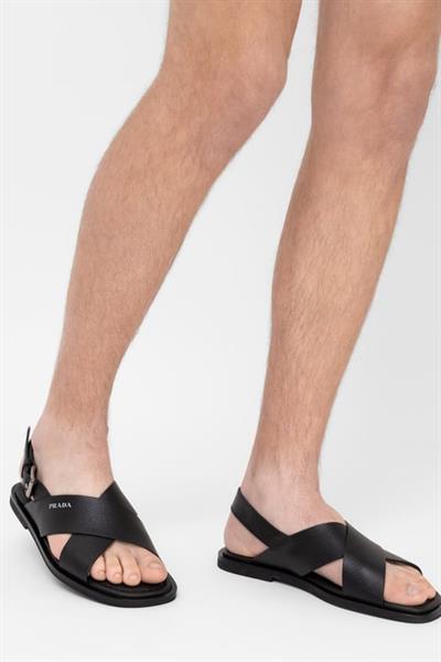 Prada Erkek Çapraz Askılı Deri Sandalet Siyah