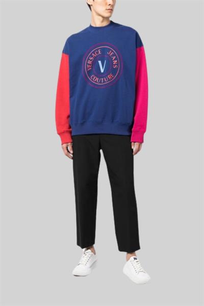 Versace Jeans Couture Erkek Uzun Kollu Bisiklet Yaka Parçalı Sweatshirt Mavi