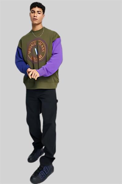 Versace Jeans Couture Erkek Uzun Kollu Bisiklet Yaka Parçalı Sweatshirt Yeşil