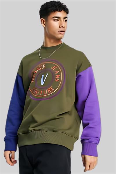 Versace Jeans Couture Erkek Uzun Kollu Bisiklet Yaka Parçalı Sweatshirt Yeşil