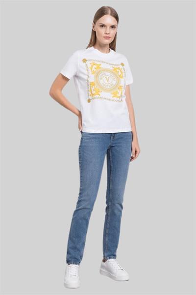 Versace Jeans Couture Kadın Logo Baskılı Pamuklu T-Shirt Beyaz