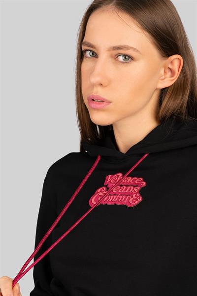 Versace Jeans Couture Kadın Logolu Kısa Kapüşonlu Sweatshirt Siyah 899