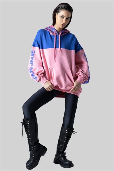 Versace Jeans Couture Kadın Uzun Kollu Desenli Kapüşonlu Sweatshirt Pembe