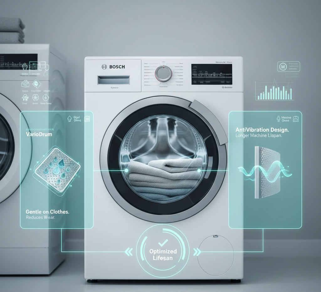 VarioDrum, AntiVibration, çamaşır makinesi tasarımı, giysi koruma, sessiz çamaşır makinesi, makine ömrü, Bosch çamaşır makinesi, Dora Ev Aletleri