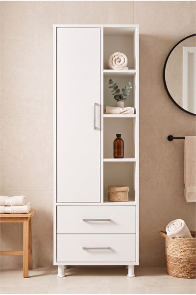 Banyo Dolabı 1 Kapaklı 2 Çekmeceli Açık Raflı Uzun Boy Çok Amaçlı Banyo Dolabı Beyaz 55 Cm
