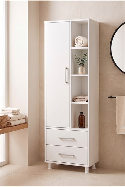 Banyo Dolabı 1 Kapaklı 2 Çekmeceli Açık Raflı Uzun Boy Çok Amaçlı Banyo Dolabı Beyaz 55 Cm