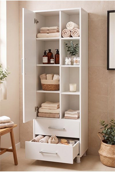 Banyo Dolabı 1 Kapaklı 2 Çekmeceli Açık Raflı Uzun Boy Çok Amaçlı Banyo Dolabı Beyaz 55 Cm