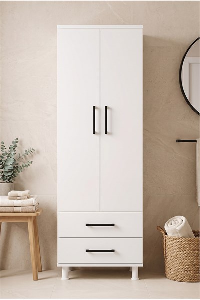 Banyo Dolabı 2 Kapaklı 2 Çekmeceli Süpürge Nişli Raflı Çok Amaçlı Temizlik Dolabı Beyaz 54 Cm