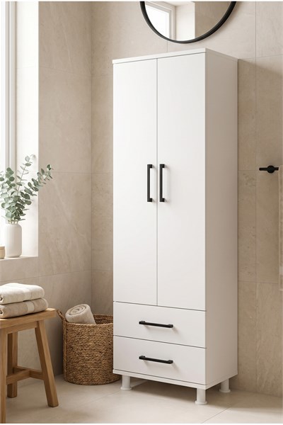 Banyo Dolabı 2 Kapaklı 2 Çekmeceli Süpürge Nişli Raflı Çok Amaçlı Temizlik Dolabı Beyaz 54 Cm