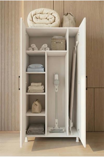 Banyo Dolabı 2 Kapaklı Bölmeli Valiz Ütü Masası Nevresim Saklama Beyaz 85x170 Cm