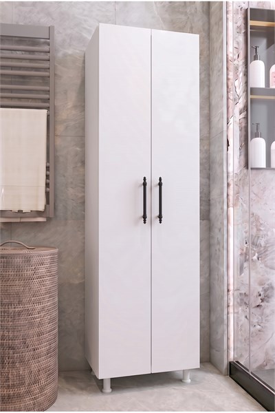 Banyo Dolabı 2 Kapaklı Süpürge Nişli Raflı Çok Amaçlı Kiler Temizlik Dolabı Beyaz 54 Cm